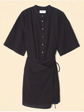 XiRENA Agnes Black Button-Up Dress 100% cotton short sleeve boxy wrap L